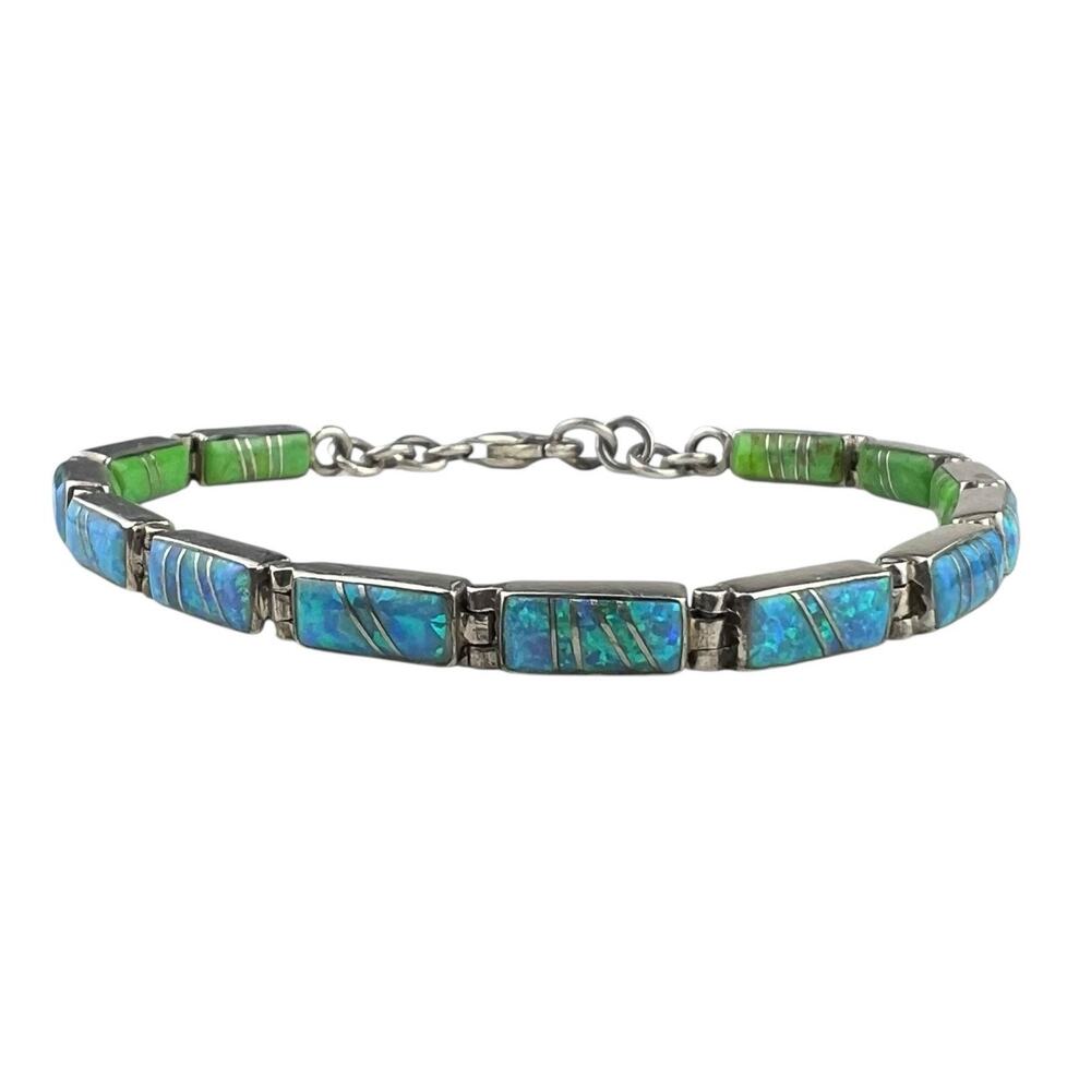 MD Reversible Green Turquoise Opal Sterling Silver Link Bracelet 7.25" Southwest
